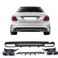 Mercedes Uyumlu W205 C Serisi Gümüş (Silver) Difüzör ve Egzoz Seti (AMG Sedan - Krom Trim)